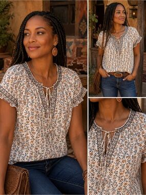 Max Studio White Floral Peasant Top with Mustard Accents